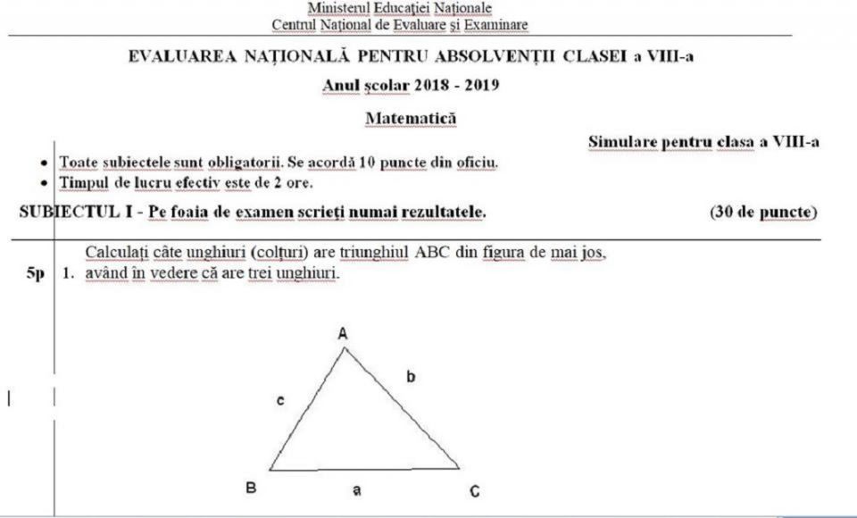 Simulare Evaluare Națională Matematică 2019: Elevii au avut de calculat câte colțuri are un triunghi